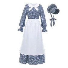 Colonial Dress Women Prairie Pioneer Dresses Floral Pilgrim Medium Blue