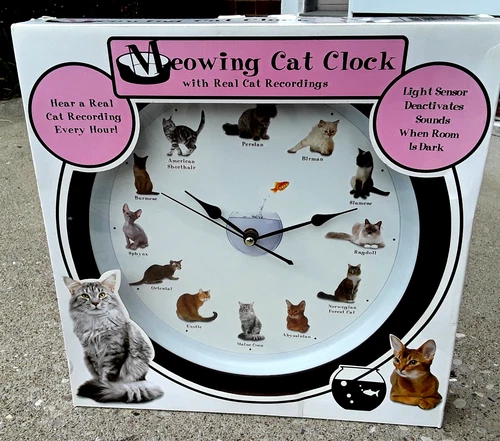 Mark Feldstein Cat Wall Clock Meowing Sounds Light Sensor Black 12 Popular Cats - product listing photo