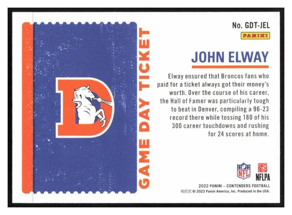 2022 Panini Contenders Game Day Ticket #GDT-JEL John Elway - Denver Broncos - Image 2 of 2