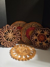 5 Vintage Straw Rattan Raffia Woven Trivets Hot Pad Multicolor