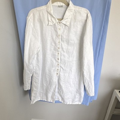 Russ Berens White Linen Button-Up Blouse Women s Large Pre-Shrunk Hand Colored