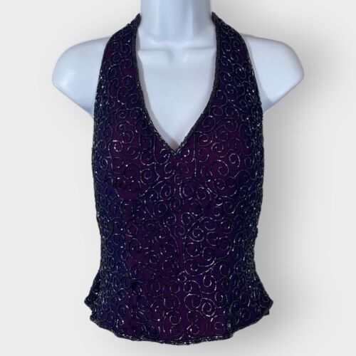 Vtg Cache Silk Halter Top | Medium | Purple Sequin | Whimsigoth Dark Fairy Club
