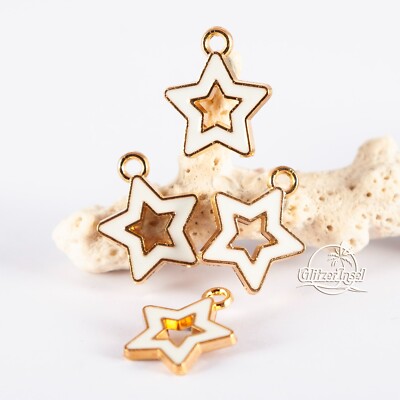 4x Schmuck Anhänger Stern Sternchen Emaille Weiß Gold SET GlitzerInsel 00975L