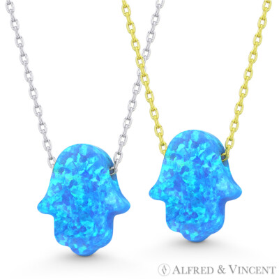 Hamsa Hand Lab-Created Opal 13mm Luck Charm 925 Sterling Silver Pendant  Necklace