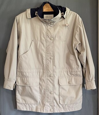 St. Johns Bay Womens Petite M Jacket Beige Snap Off Hood Toggle Cinch Waist
