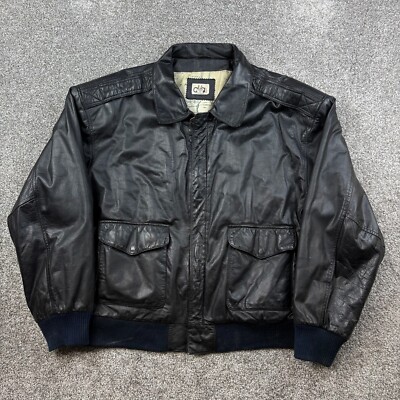 Vintage Y2K AKA Bay Leather Jacket Mens XL Black Bomber Flyer