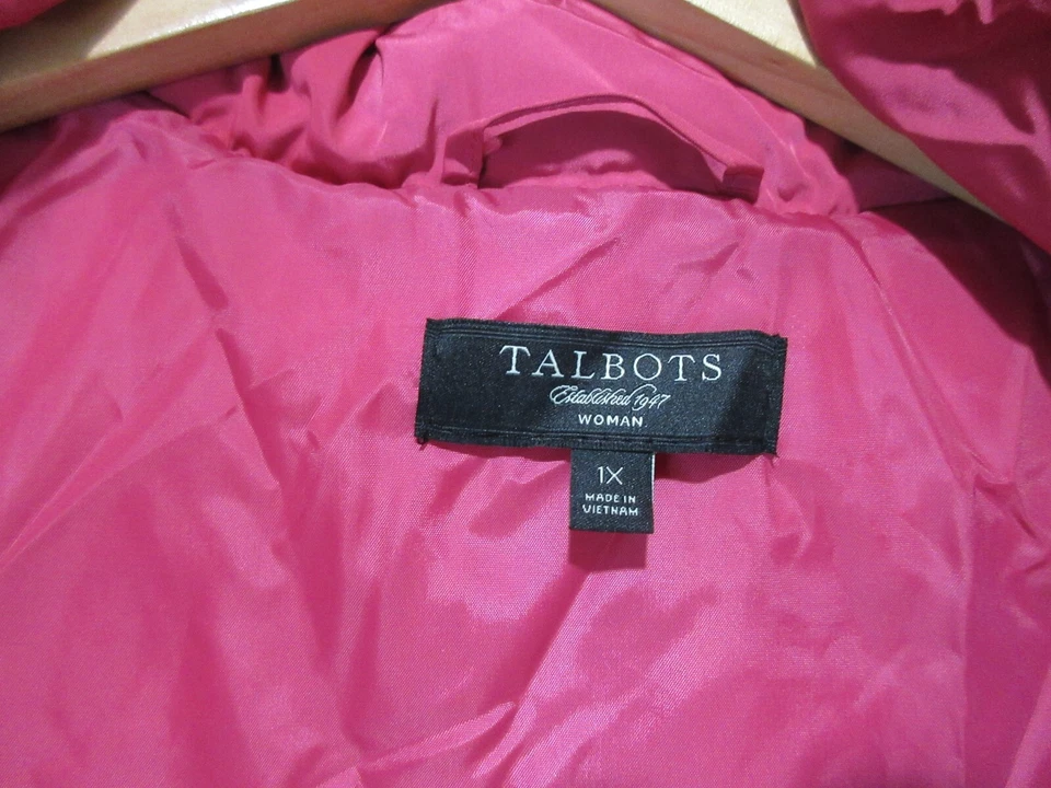 Sz 1X Talbots Down Filled Puffer Vest Zip Up Faux Fur Trim Removable Hood Pink - Image 4 of 4