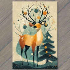 Art Print Christmas Reindeer Snowy Scene Festive Holiday Deer Lights Ornaments