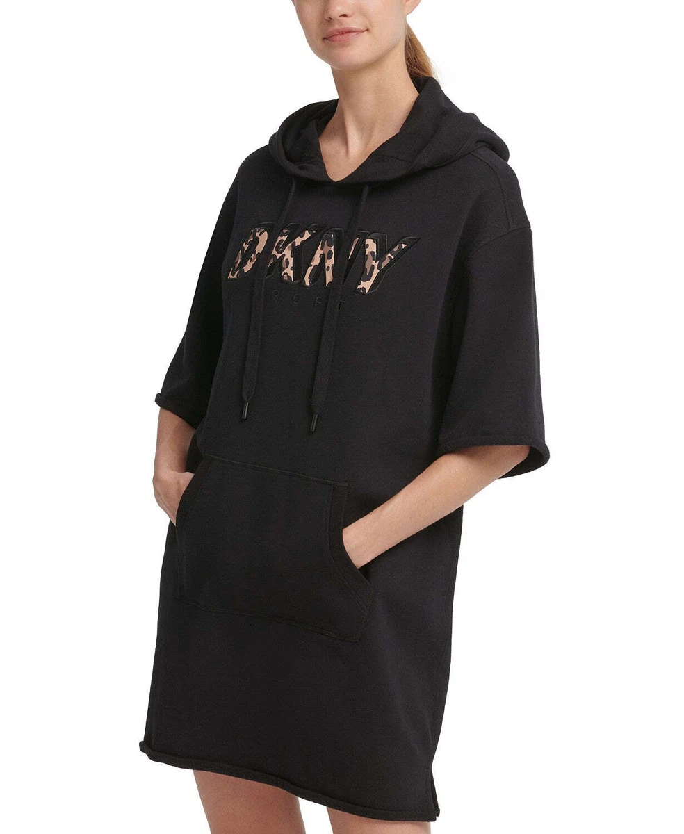 DKNY Womens Activewear Sport Printed logo Hoodie Dress,Black