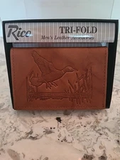 Rico Cowhide Leather Trifold Wallet Embossed Duck Hunting Mallard Brown