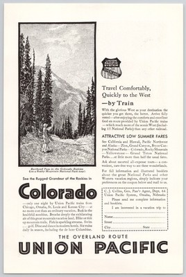 Colorado Rockies Union Pacific Summer Fares Travel Vacations 1930 Print Ad