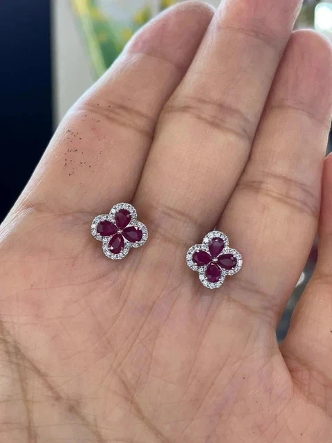 1.25Ct Pear Cut Lab-Created Red Ruby Flower Stud Earrings 14K White Gold Plated - Image 3 of 4