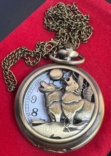 Wolf wolves Howling moon bronze color quartz Pocket Watch