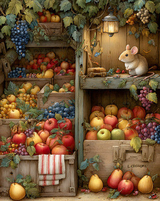8x10 Cozy Storybook Bunch of Fruit Art Print Classic Illustration - 844873575