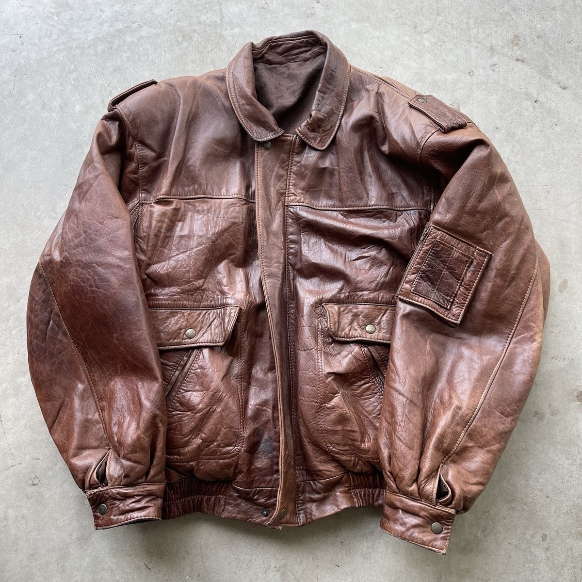 【80s-00s】Leather MA-1 Jacket Vintage 80s Leather Bomber Jacket Brown MA-1 Zip Size M Epaulets