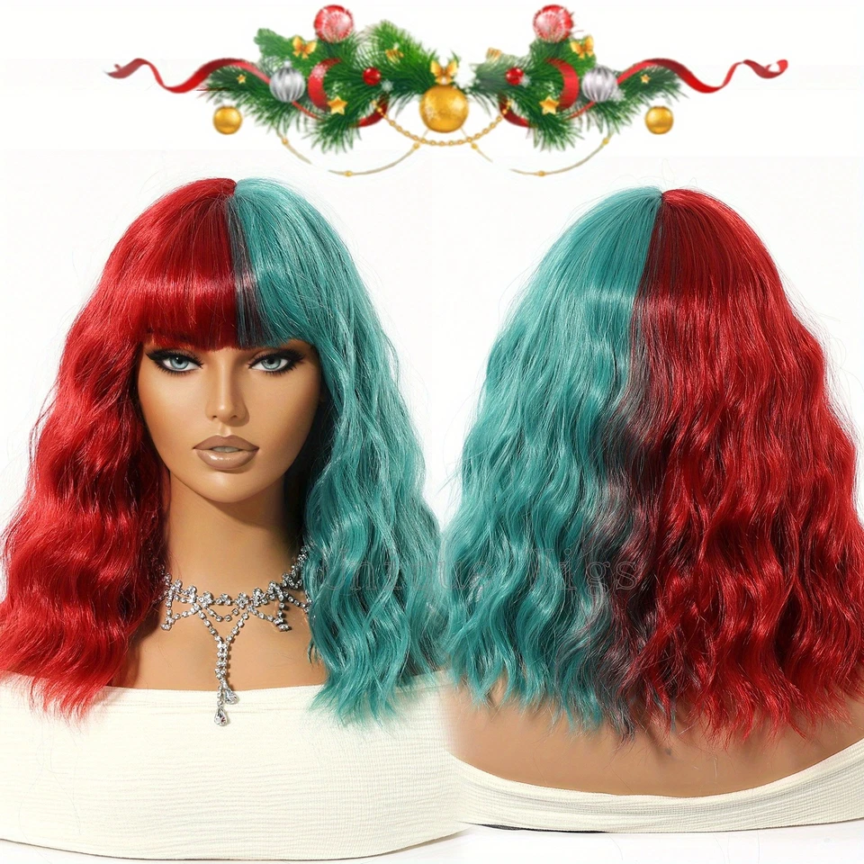 12 дюймов рождественский красный бирюзовый волнистый парик Bob челка синтетические волосы парик для женщин косплей - Изображение 2 из 4