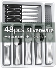 49-Piece Stainless Flatware Set for 8 with Organizer – Dishwasher Safe