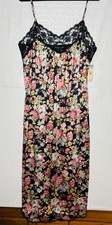 NOS VTG LORRAINE BLACK PINK NYLON FLORAL PRINT LACE TRIM LONG FLOWY NIGHTGOWN L