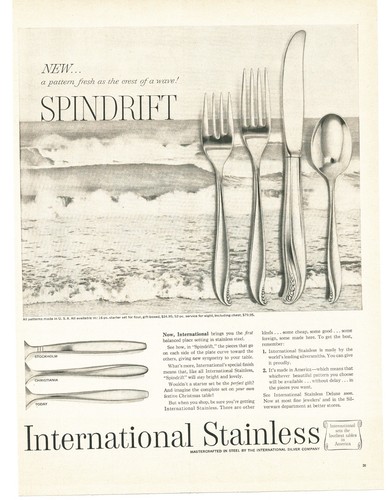 1956 International Stainless Spindrift Ad Vintage MCM Beach Wave Flatware
