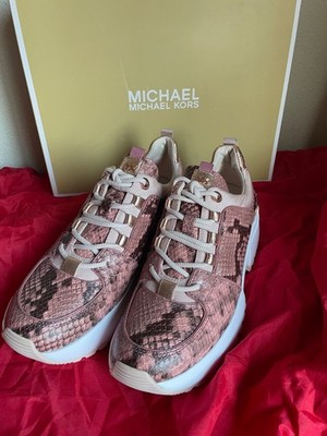 MICHAEL KORS Cosmo Snake-Embossed Leather Trainer  Size 7 ROSE 43R9CSFS1E