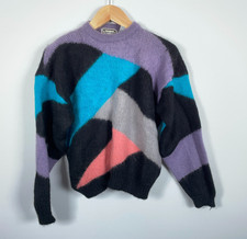 80s Colorful Mohair Sweater Women's Large Black Purple Geometric Boxy Fit