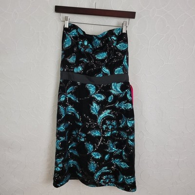 Sam Edelman Cocktail Dress Womens 4 Black Velvet Teal Sequin Floral Strapless 