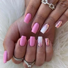 Press on Nails Short Medium Coffin, Fake Nails for Women with Pink White Gold 