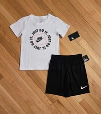 NEW Nike Little Boy Cotton Tee  Dri-fit Short Set, White/Black sz 7 