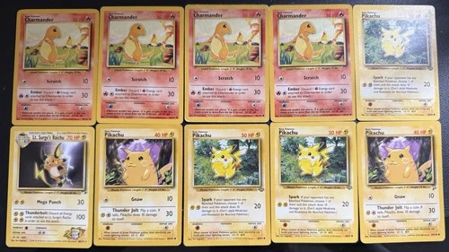 10 Base Set Pokemon Cards Lot - Pikachu Charmander Vintage 1999 - Unlimited