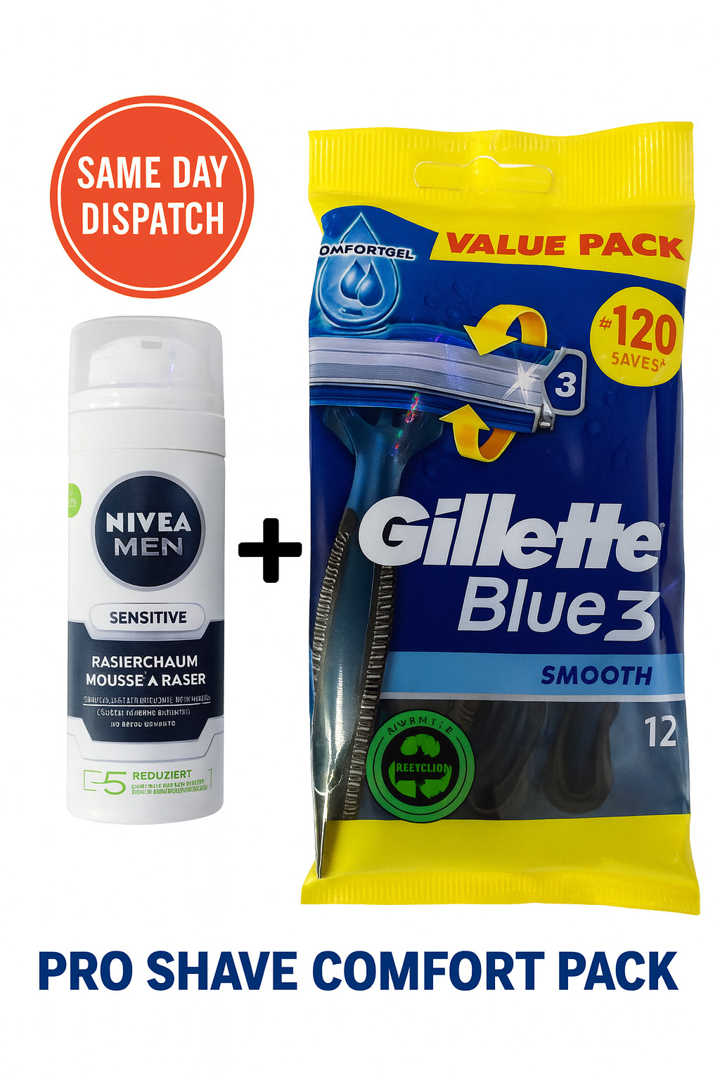 Gillette Blue3 Smooth Razors 12 Pack (120 Shaves) + NIVEA Men Shaving Foam 50ml