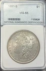 1881 S Morgan Silver Dollar $1 NNC Graded GEM High Grade Mint State, Rev Toning