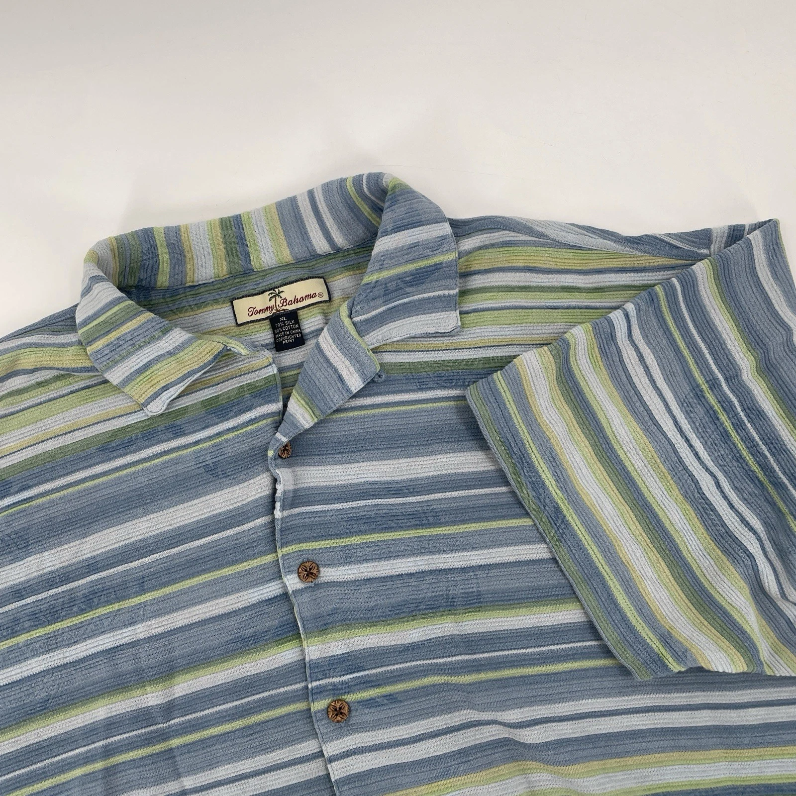 Tommy Bahama Silk Cotton Blend Striped Loop Collar Hawaiian Shirt Men's Size XL