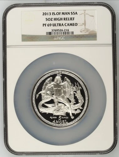 RARE 2013 Isle Of Man Angel 5 oz Fine Silver 999 Coin NGC Graded PF69 + Case/COA
