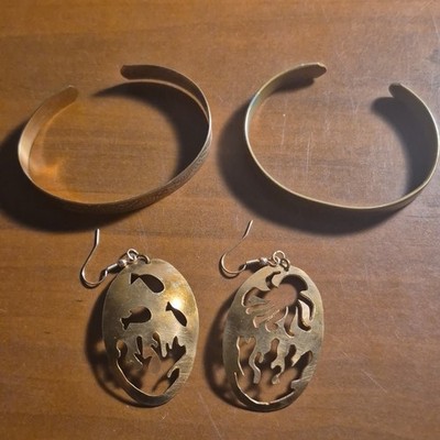 Sabona pure Copper Bracelet Earrings Lot Geometric Fish Octopus Cutout