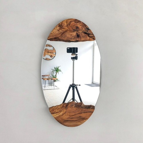 Wood Square Wall Mirror, Live Edge Wood Wall Mirror, Wood Frame Mirror Wall Deco - Picture 3 of 9