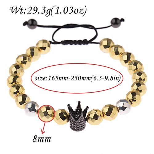 Luxury Men's Clear Cubic Zircon Crown Faceted Hematite Bead Adjustable Bracelets - Picture 9 of 29