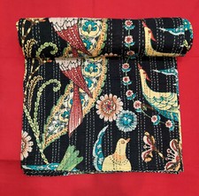 Colcha Kantha de algodón negra vintage tamaño king manta hecha a mano