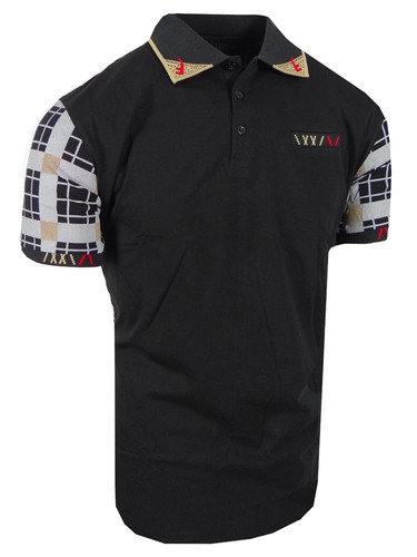 Mens Polo Shirt Luxury Italian Stripe Trim Plaid Sleeves Slim Fit Golf Stretch - Picture 4 of 11