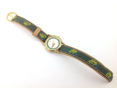 Quintel Gold Tone Round Green Face Fishing Wrist Watch with Canvas Band 