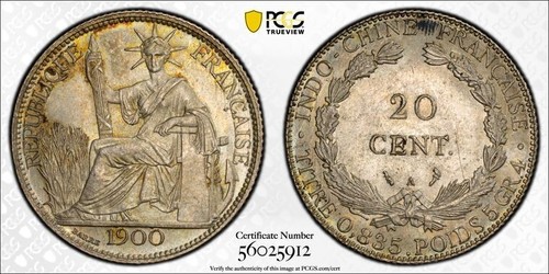 1900-A French Indo-China 20 Centimes PCGS MS62 Lot#G074 Silver! Lec-202