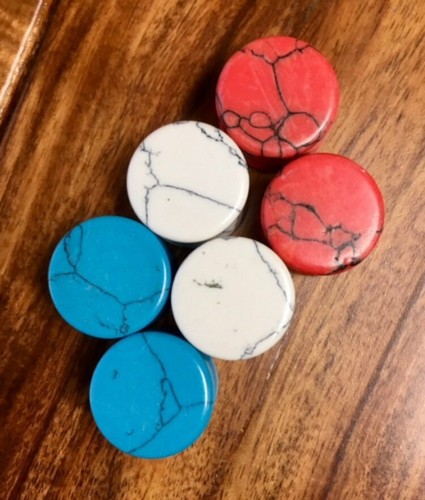 ALL 3 PAIR Stone Plugs Blue Turquoise Red Turquoise White Howlite Gauges - Picture 3 of 6