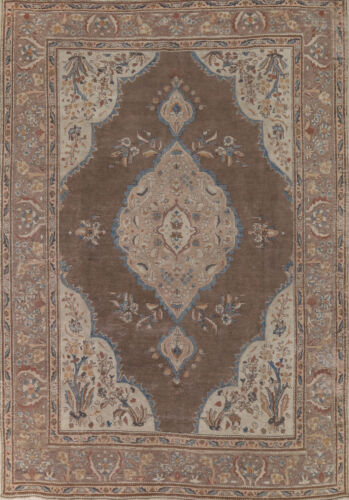 Vintage Brown Over-Dyed Tebriz Room Size Rug 9x11 Hand-knotted Wool Carpet