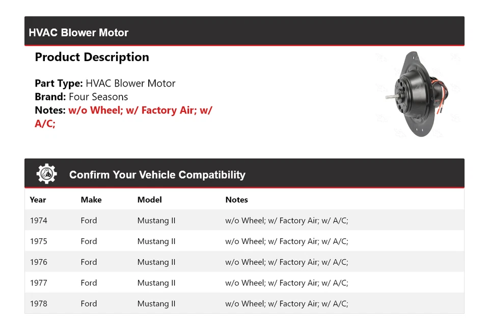 Motor soplador de climatización para Ford Mustang II 1974-1978 4 estaciones 1975 1976 1977 Foto 2 de 4