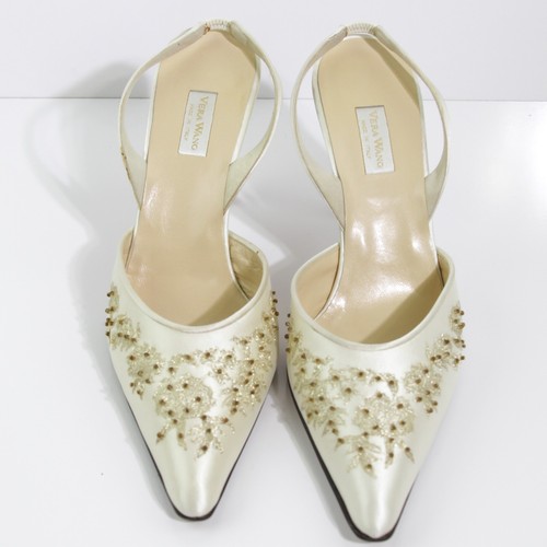 FANCY VERA WANG GOLD FLORAL BEAD EMBROIDERY CHAMPAGNE SILK SLINGBACKS SIZE US 10 - Picture 5 of 12