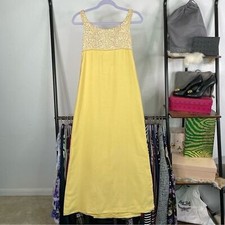 VINTAGE 70’s Pastel Yellow Empire Waist Dress w Train