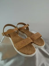 New Mila Paoli Tan Brown Leather Woven Pattern Ankle Strap Sandals Women's 9.5