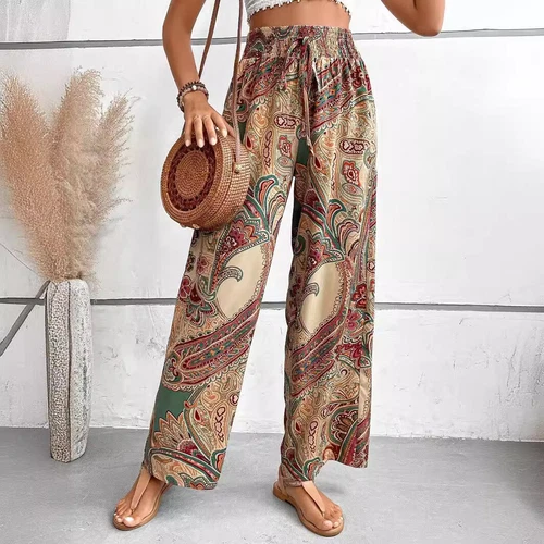 Damen Sommer Mode Blume Elastische Taille Weites Bein Hose- - Bild 5 von 29