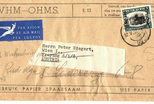 SOUTH AFRICA Economy Wrapper 5s OFFICIAL Air Mail Austria 1953 {samwells}EB203
