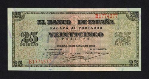 F.C. 25 PESETAS 1938 , SERIE B , EBC+ , ABARQUILLADO , SIN ROMPER LA FIBRA . - Photo 1/2