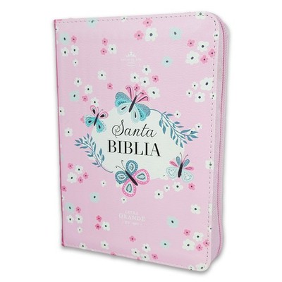 Biblia con Cierre Compacta 10 puntos RV1960 imit piel rosa mariposas floral c...
